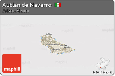 Shaded Relief Panoramic Map of Autlan De Navarro, single color outside