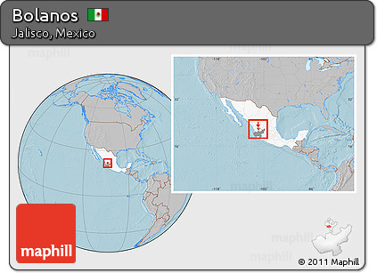 Gray Location Map of Bolanos, highlighted country, highlighted parent region, within the entire country, hill shading