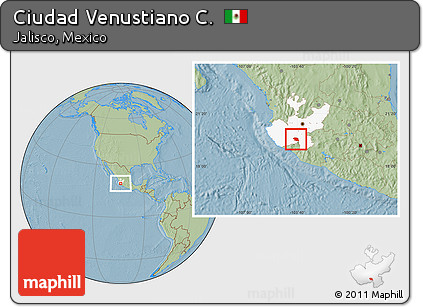 Savanna Style Location Map of Ciudad Venustiano C., highlighted parent region, hill shading