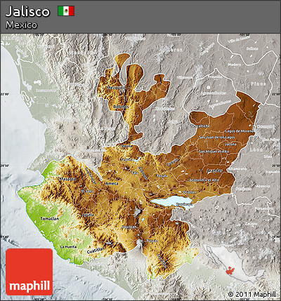 Physical Map of Jalisco, lighten, semi-desaturated