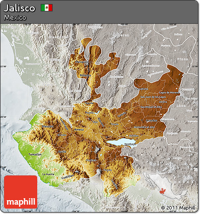 Physical Map of Jalisco, lighten, semi-desaturated