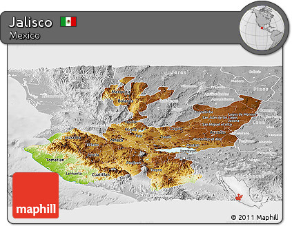 Physical Panoramic Map of Jalisco, lighten, desaturated