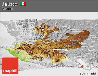 Physical Panoramic Map of Jalisco, lighten, desaturated