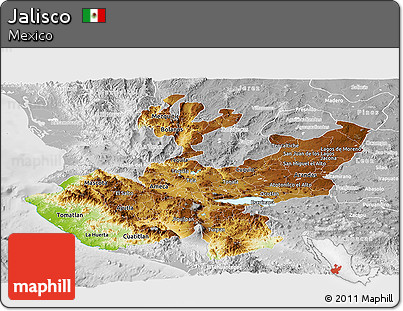 Physical Panoramic Map of Jalisco, lighten, desaturated