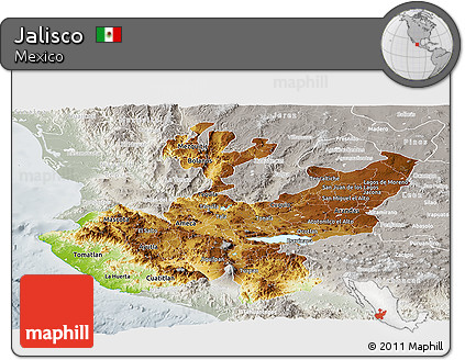 Physical Panoramic Map of Jalisco, lighten, semi-desaturated