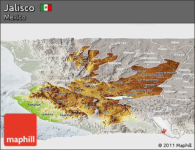Physical Panoramic Map of Jalisco, lighten, semi-desaturated