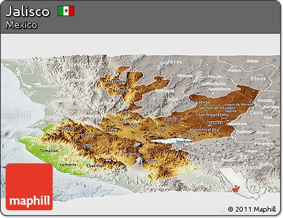 Physical Panoramic Map of Jalisco, lighten, semi-desaturated