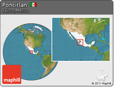 Satellite Location Map of Poncitlan, highlighted country, highlighted parent region, within the entire country
