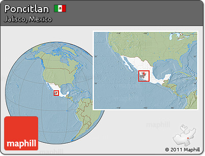 Savanna Style Location Map of Poncitlan, highlighted country, highlighted parent region, within the entire country, hill shading