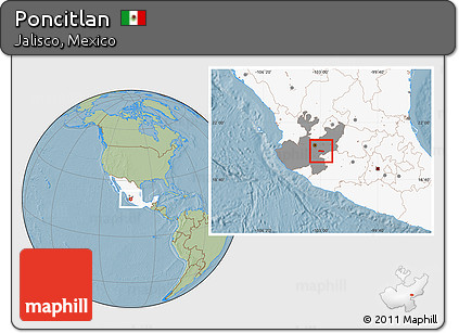 Savanna Style Location Map of Poncitlan, highlighted country, highlighted parent region, hill shading