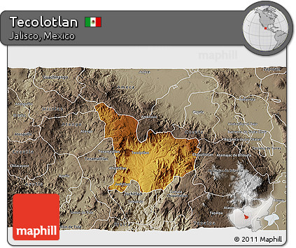 Physical 3D Map of Tecolotlan, semi-desaturated