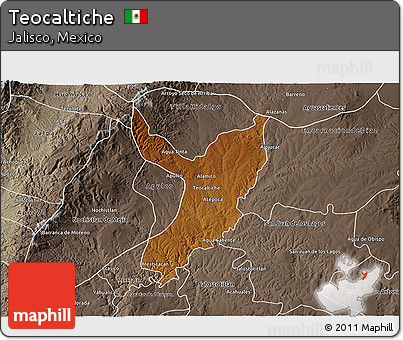 Physical 3D Map of Teocaltiche, semi-desaturated
