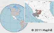 Gray Location Map of Teocaltiche, highlighted country, highlighted parent region, hill shading