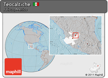 Gray Location Map of Teocaltiche, highlighted parent region, hill shading