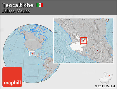 Gray Location Map of Teocaltiche, highlighted parent region, hill shading