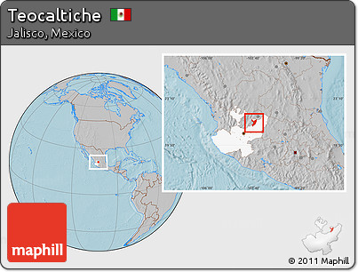 Gray Location Map of Teocaltiche, highlighted parent region, hill shading