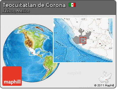 Physical Location Map of Teocuitatlan De Corona, highlighted country, highlighted parent region