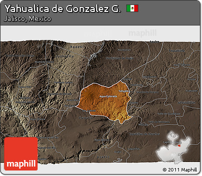Physical 3D Map of Yahualica De Gonzalez G., darken, semi-desaturated