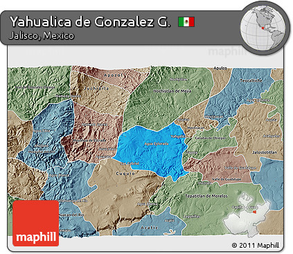 Political 3D Map of Yahualica De Gonzalez G., semi-desaturated