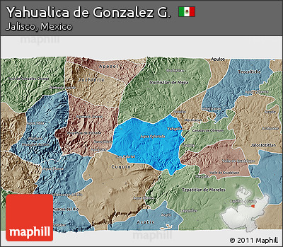 Political 3D Map of Yahualica De Gonzalez G., semi-desaturated