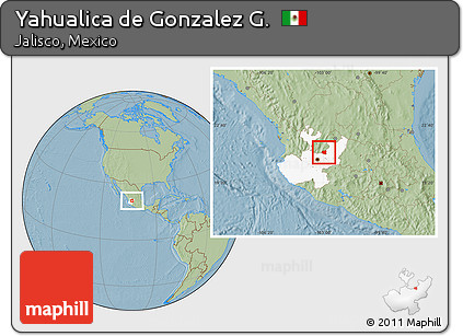 Savanna Style Location Map of Yahualica De Gonzalez G., highlighted parent region, hill shading