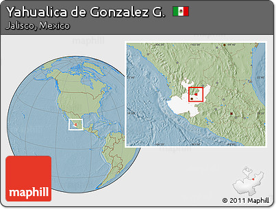 Savanna Style Location Map of Yahualica De Gonzalez G., highlighted parent region, hill shading