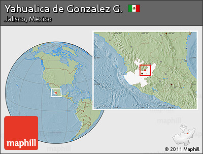Savanna Style Location Map of Yahualica De Gonzalez G., highlighted parent region, hill shading