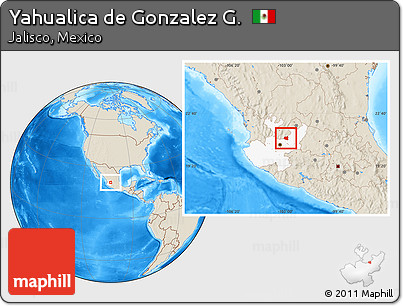 Shaded Relief Location Map of Yahualica De Gonzalez G., highlighted parent region