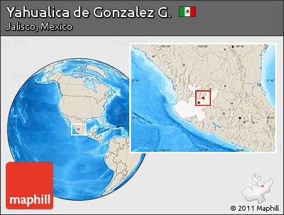 Shaded Relief Location Map of Yahualica De Gonzalez G., highlighted parent region