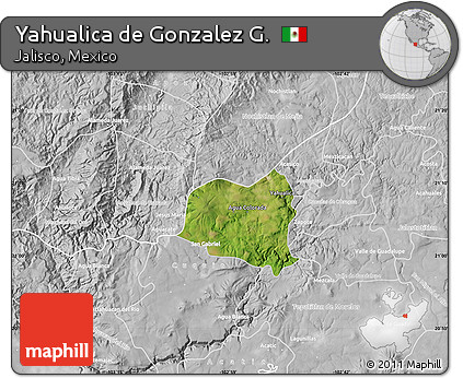 Satellite Map of Yahualica De Gonzalez G., lighten, desaturated