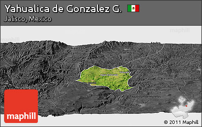 Satellite Panoramic Map of Yahualica De Gonzalez G., darken, desaturated