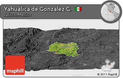 Satellite Panoramic Map of Yahualica De Gonzalez G., darken, desaturated