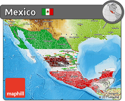 Flag Map of Mexico, physical outside, bathymetry sea, flag rotated