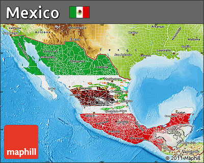 Flag Map of Mexico, physical outside, bathymetry sea, flag rotated