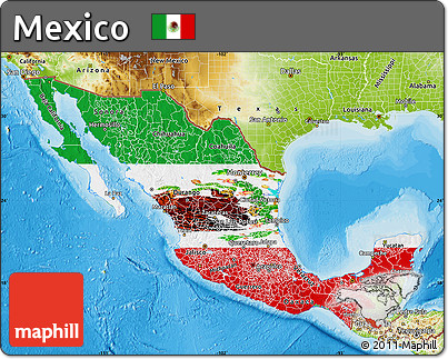 Flag Map of Mexico, physical outside, bathymetry sea, flag rotated