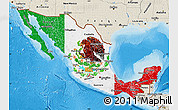 Flag Map of Mexico, shaded relief outside, bathymetry sea, flag centered