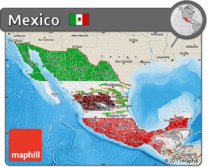 Flag Map of Mexico, shaded relief outside, bathymetry sea, flag rotated