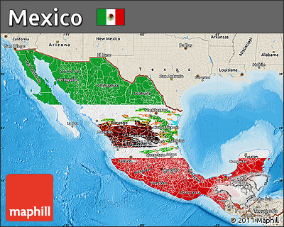 Flag Map of Mexico, shaded relief outside, bathymetry sea, flag rotated