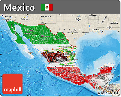 Flag Map of Mexico, shaded relief outside, bathymetry sea, flag rotated