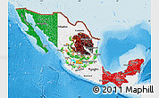 Flag Map of Mexico, single color outside, bathymetry sea, shaded relief sea, flag centered