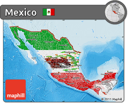 Flag Map of Mexico, single color outside, bathymetry sea, shaded relief sea, flag rotated
