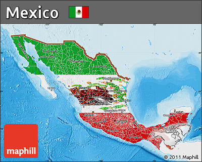 Flag Map of Mexico, single color outside, bathymetry sea, shaded relief sea, flag rotated