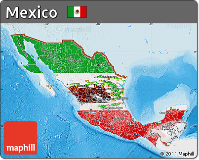 Flag Map of Mexico, single color outside, bathymetry sea, shaded relief sea, flag rotated