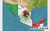 Flag Map of Mexico, single color outside, satellite sea, flag centered