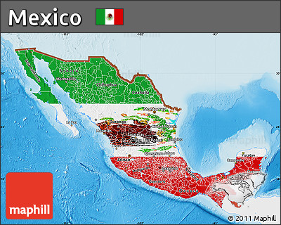 Flag Map of Mexico, single color outside, shaded relief sea, flag rotated