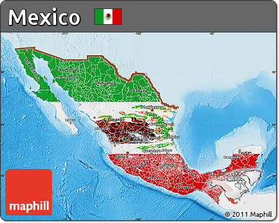 Flag Map of Mexico, single color outside, shaded relief sea, flag rotated