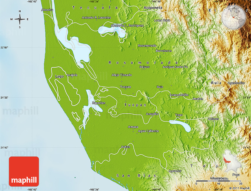Physical Map of Santiago Ixcuintla