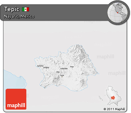 Silver Style 3D Map of Tepic, single color outside