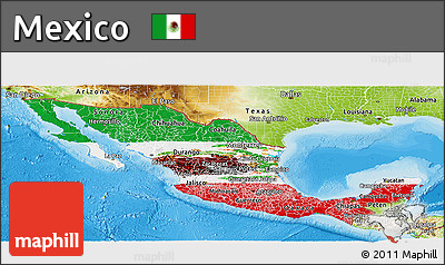 Flag Panoramic Map of Mexico, physical outside, bathymetry sea, flag rotated