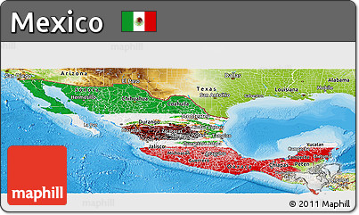 Flag Panoramic Map of Mexico, physical outside, bathymetry sea, flag rotated